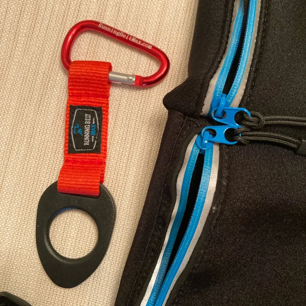Black Running Belt Max with Blue Accents, adjustable, 3 pockets, keychain